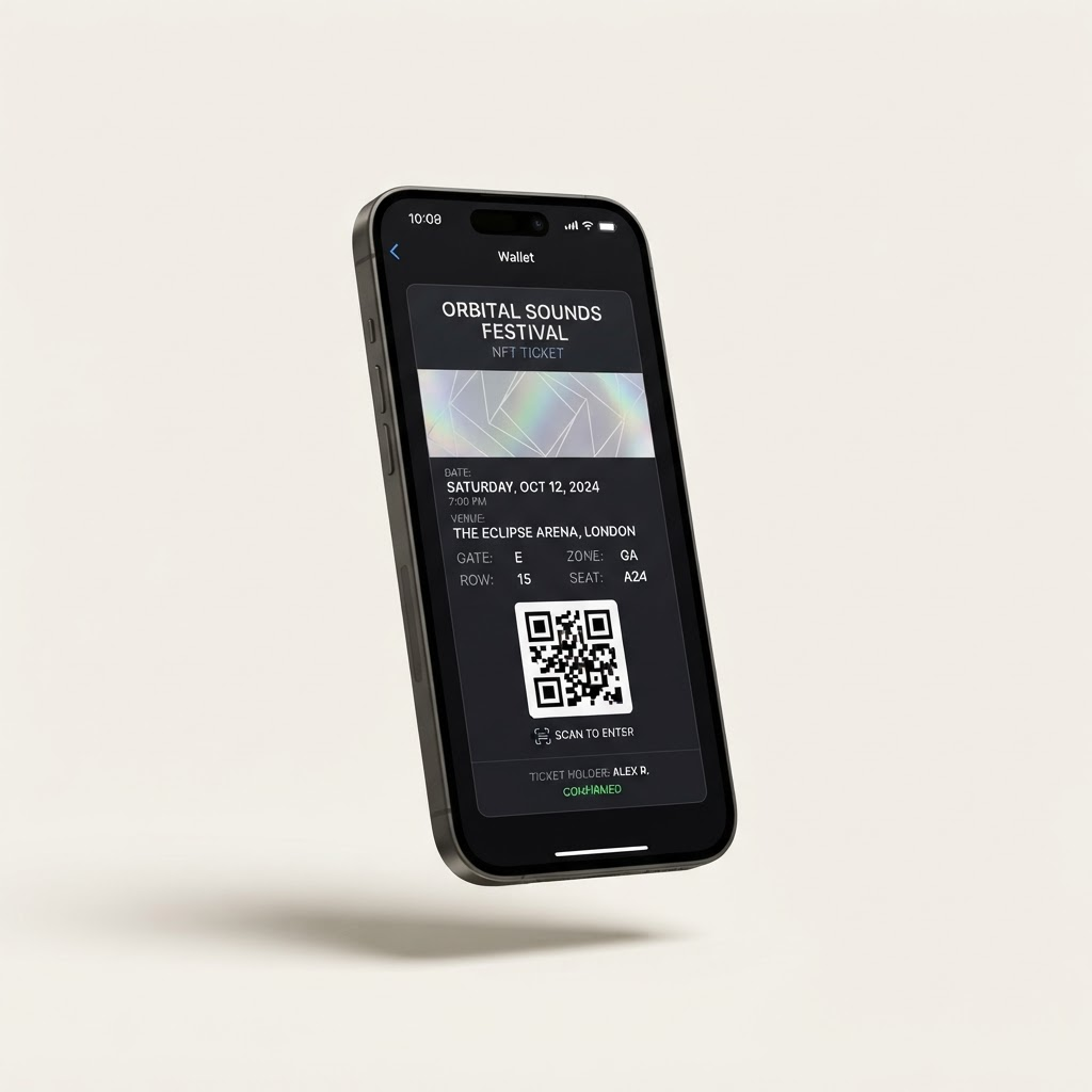 A smartphone displaying a RootPass digital NFT event ticket